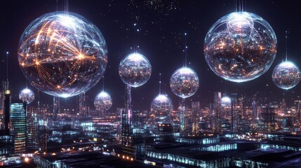 Poster - holographic spheres illuminating a futuristic city at night, showcasing advanced technology and inte