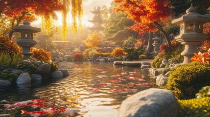 Wall Mural - Koi fish in pond with moss and red leaves in garden background