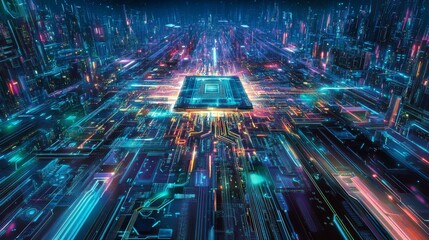 Poster - Quantum computing processing large amounts of data, transforming a motherboard into a futuristic cityscape with bright neon lights at night, symbolizing the power of technology and innovation
