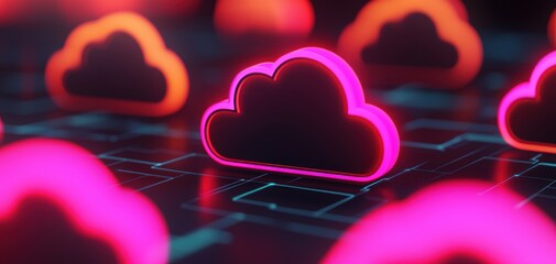 Fototapete - Assistant search engine concept. A vibrant digital scene featuring glowing cloud icons on a tech-inspired grid background, symbolizing cloud computing and digital connectivity.