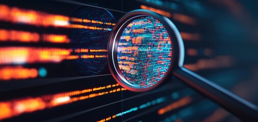 Poster - Assistant search engine concept. A close-up view of a magnifying glass highlighting vibrant digital data streams, representing technology, analysis, and information discovery.