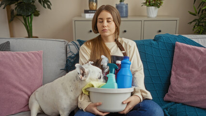 Wall Mural - Young blonde woman with apet dog sitting in an indoor living room holding cleaning supplies.