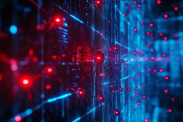 Leinwandbilder - Abstract futuristic digital network with glowing red spheres connected by lines on a blue and black background.