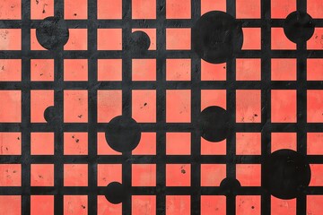 Poster - Abstract geometric pattern with black circles and grid on a coral background.