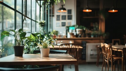 A cozy café interior featuring wooden furniture, lush plants, and warm lighting that creates an inviting atmosphere for patrons.