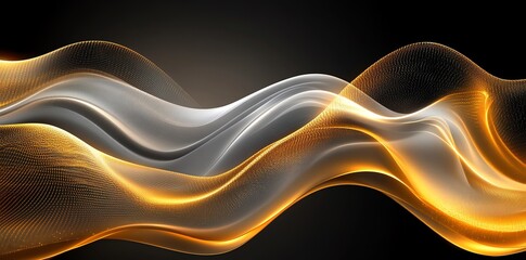 Poster - Abstract golden and silver waves with glowing edges on a black background.