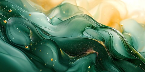 Poster - Abstract green and gold liquid background with swirls and glitters.