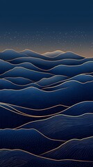 Poster - Abstract illustration of a dark blue wavy landscape with gold accents against a starry night sky.