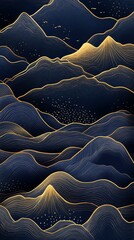 Poster - Abstract minimalist mountain range with golden lines and dark blue background.