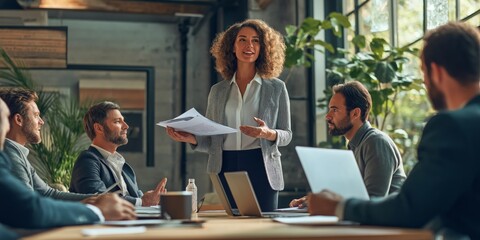 Poster - In a dynamic business meeting held in a contemporary office setting, team members gather to discuss their agenda, brainstorm innovative ideas, make strategic decisions, and collaborate effectively
