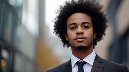 Canvas Print - Young businessman posing in a city center with contemporary office buildings in the background