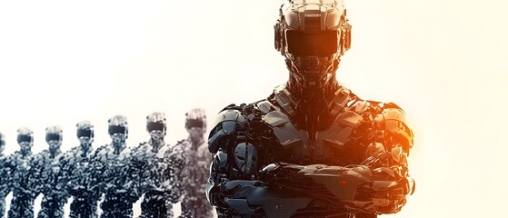 Poster - Futuristic humanoid robot stands confidently before a series of shadowy robotic figures, symbolizing advanced technology and the evolution of artificial intelligence in society.