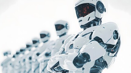 Fototapete - futuristic robotic figures lined up in a modern environment showcasing advanced technology and innov