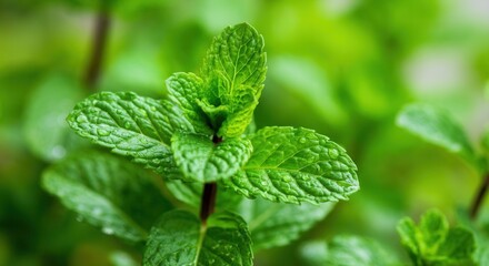 Wall Mural - Fresh green mint leaves in natural garden light