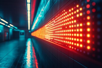 Poster - An illuminated red LED sign in a dark subway tunnel.