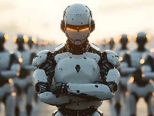 Fototapete - futuristic humanoid robot standing confidently in front of a group of identical robots against a blu