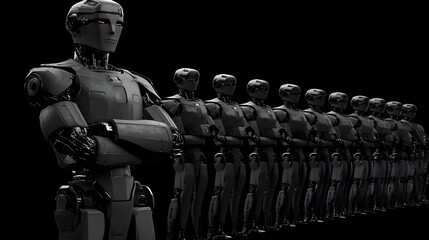 Fototapete - futuristic series of humanoid robots in a dark environment, showcasing advanced technology and desig