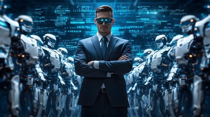Fototapete - Businessman in Suit Surrounded by Futuristic Robots in Digital Environment, Showcasing Advanced Technology and Innovation in Robotics Industry