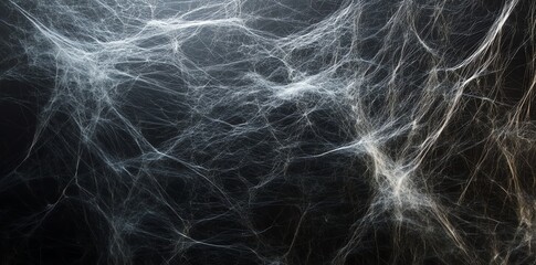 Close-up of a spider web with intricate details and fine threads against a dark background.