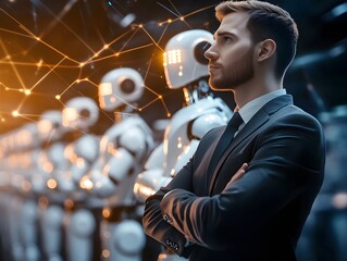 Poster - Professional man in formal suit contemplating future of AI and robotics amidst futuristic robotic figures and digital connections, symbolizing technology and innovation