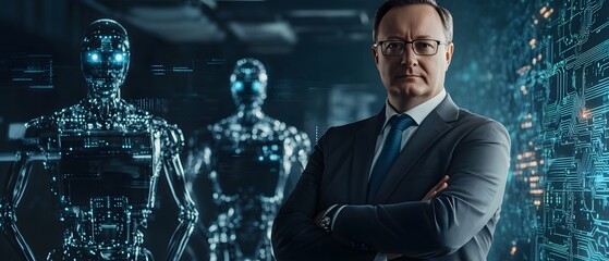 Fototapete - Professional Man in a Suit Standing Confidently Among Futuristic Robots in a High-Tech Environment Highlighting Artificial Intelligence and Technology Innovations