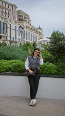 Wall Mural - Woman standing outdoors in monaco looking relaxed in luxury surroundings with lush greenery, a young hispanic appearance, stylish glasses, and elegant fashion.