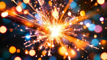 Wall Mural - close-up of a bright sparkler, with a bokeh of twinkling lights in the background.