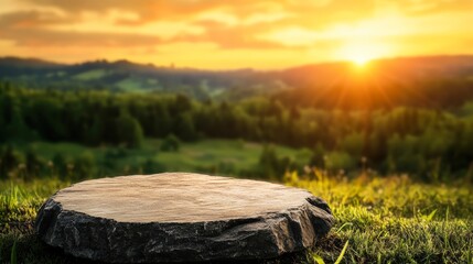 Canvas Print - A large stone sits in a lush, green landscape bathed in warm morning sunlight, creating a tranquil atmosphere perfect for meditation or relaxation