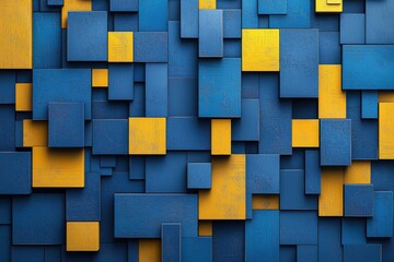 Poster - Modern abstract geometric pattern with 3D blue and yellow blocks