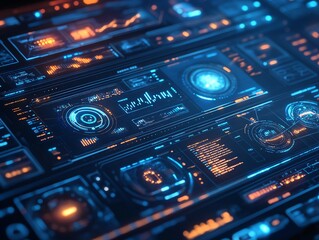 Aufkleber - Futuristic user interface with digital data and graphs displayed on a screen with glowing blue and orange lights.