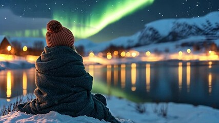 a serene evening by the river as a person enjoys the northern lights in a snowy landscape
