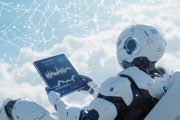 Poster - Futuristic robot using digital tablet in a high-tech environment