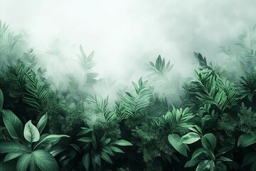 Wall Mural - lush green foliage shrouded in a misty haze, creating a mystical and ethereal atmosphere.