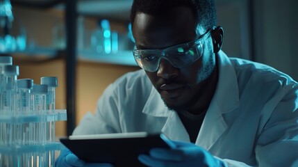 Poster - A focused black scientist in laboratory glasses examines data on a tablet while conducting research with test tubes in a modern scientific laboratory setting.