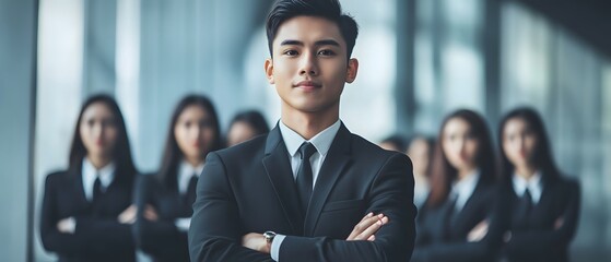 Poster - Confident Young Businessman Leading a Team of Professionals in an Office Setting with Focused Expressions and a Modern Corporate Background