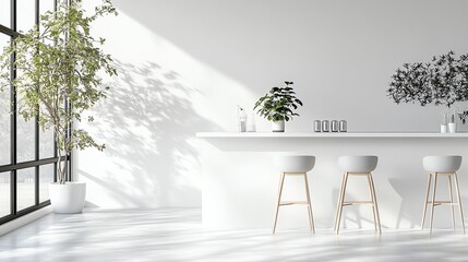 Poster - Modern minimalist kitchen island with three white bar stools in a bright, airy room.