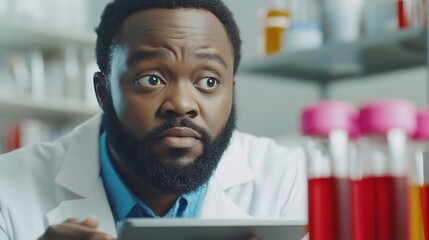 Poster - Focused Black Scientist Examining Data on Tablet While Surrounded by Colorful Test Tubes in Modern Laboratory Environment