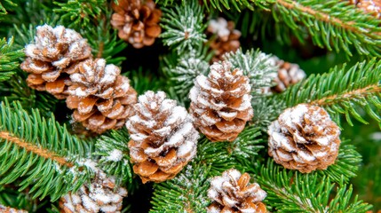 Wall Mural - Close-up of a snow-dusted pine tree, highlighting its frosty needles.