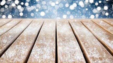 Wall Mural - Close-up of a wooden table dusted with fresh snowflakes, capturing a serene winter moment.