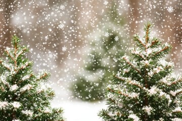 Wall Mural - Snowflakes gently fall on pine trees in a serene, snowy landscape.