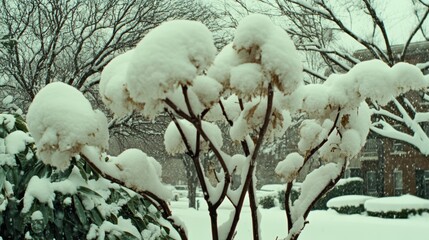 Wall Mural - Snow-draped tree in a yard with a cozy house backdrop.