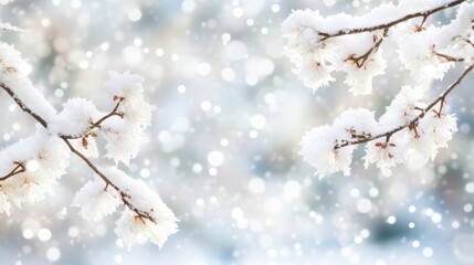 Wall Mural - Snow-laden branches glisten on a tranquil, snowy day.