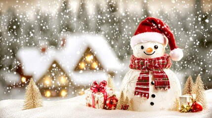 Wall Mural - Snowman adorned with a Santa hat and scarf, set in a snowy landscape.