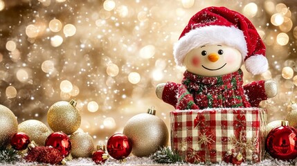 Wall Mural - A quirky snowman nestled in a small box, surrounded by a snowy landscape.