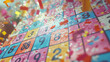 © wutipong - a bingo card covered in colorful confetti.  The numbers on the card are large and brightly colored, and the overall tone is celebratory..