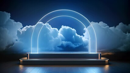 Poster - Neon arch in dark blue lights room with clouds. Abstract background for party stage or product display