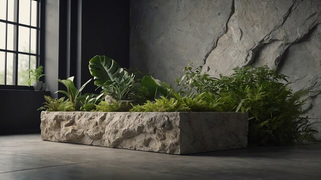 A large, rectangular, stone planter filled with various green plants