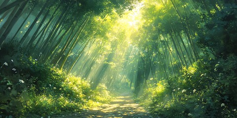 Wall Mural - sunbeams shine through a dense green forest, illuminating the path ahead.
