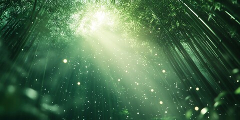 Wall Mural - sunbeams stream through a lush bamboo forest, creating a magical, ethereal atmosphere.