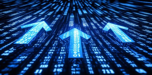 Poster - Three blue arrows pointing upward on a background of blue and black digital code.